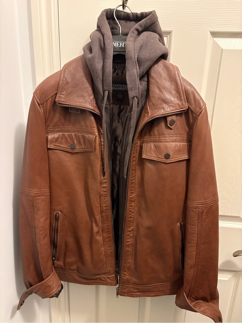 Danier Brown Leather Trucker Style jacket with Removable Hoodie.